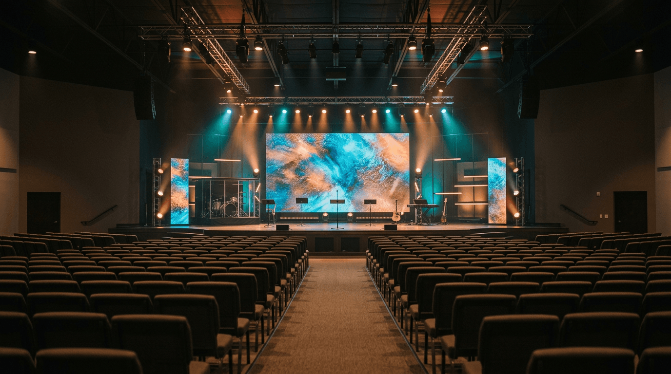 Modern church auditorium with contemporary seating and professional stage lighting, representing an engaging worship environment designed for sustained attention