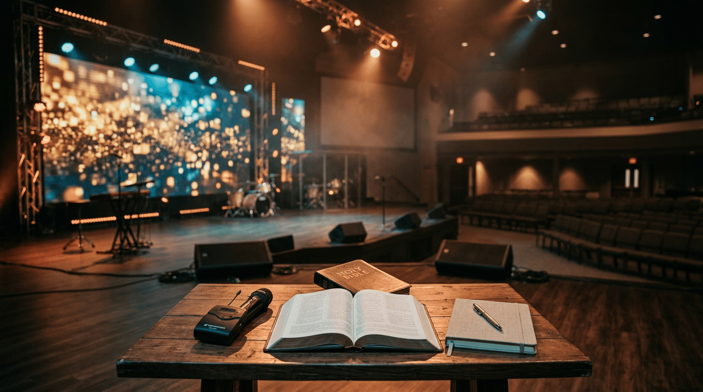 Modern church stage with warm lighting, wireless microphone, and open Bible on table, representing contemporary preaching environment