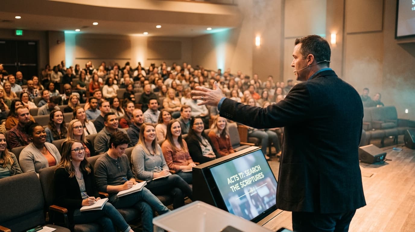 Pastor engaging with attentive congregation during interactive sermon in modern church setting with stage lighting and contemporary seating