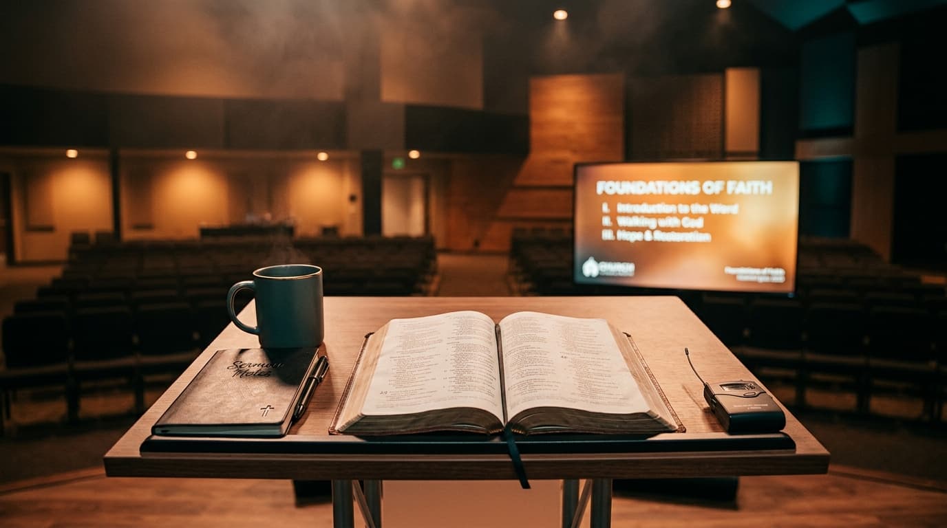 Open Bible on modern church stage desk with ambient lighting and sermon preparation materials
