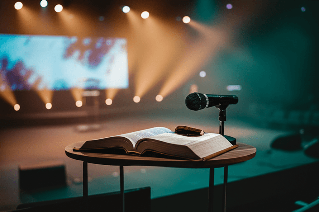 Modern church stage with LED screens, professional lighting, and open Bible on table with wireless microphone, representing contemporary sermon delivery environment