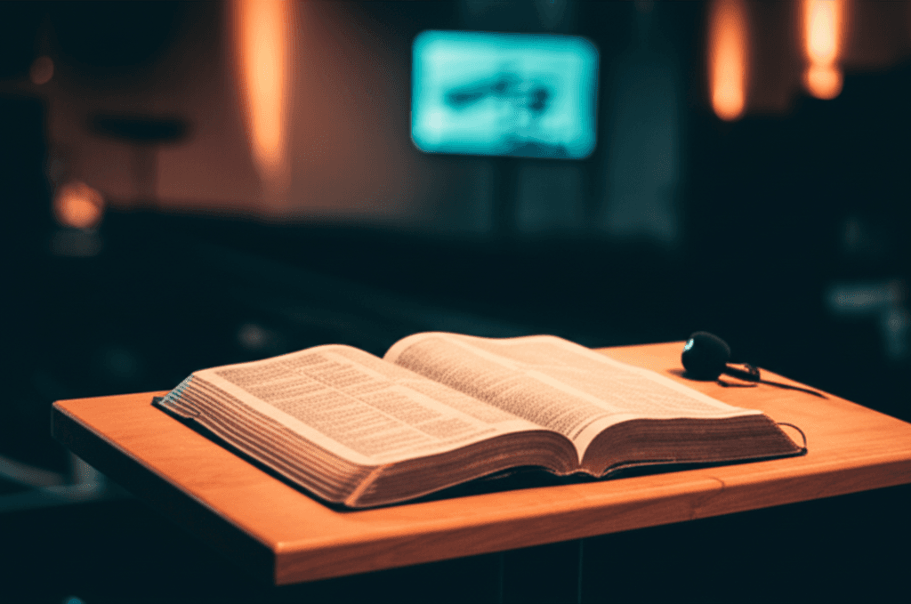Open Bible on modern church stage with contemporary lighting and technology, representing both expository and topical preaching preparation