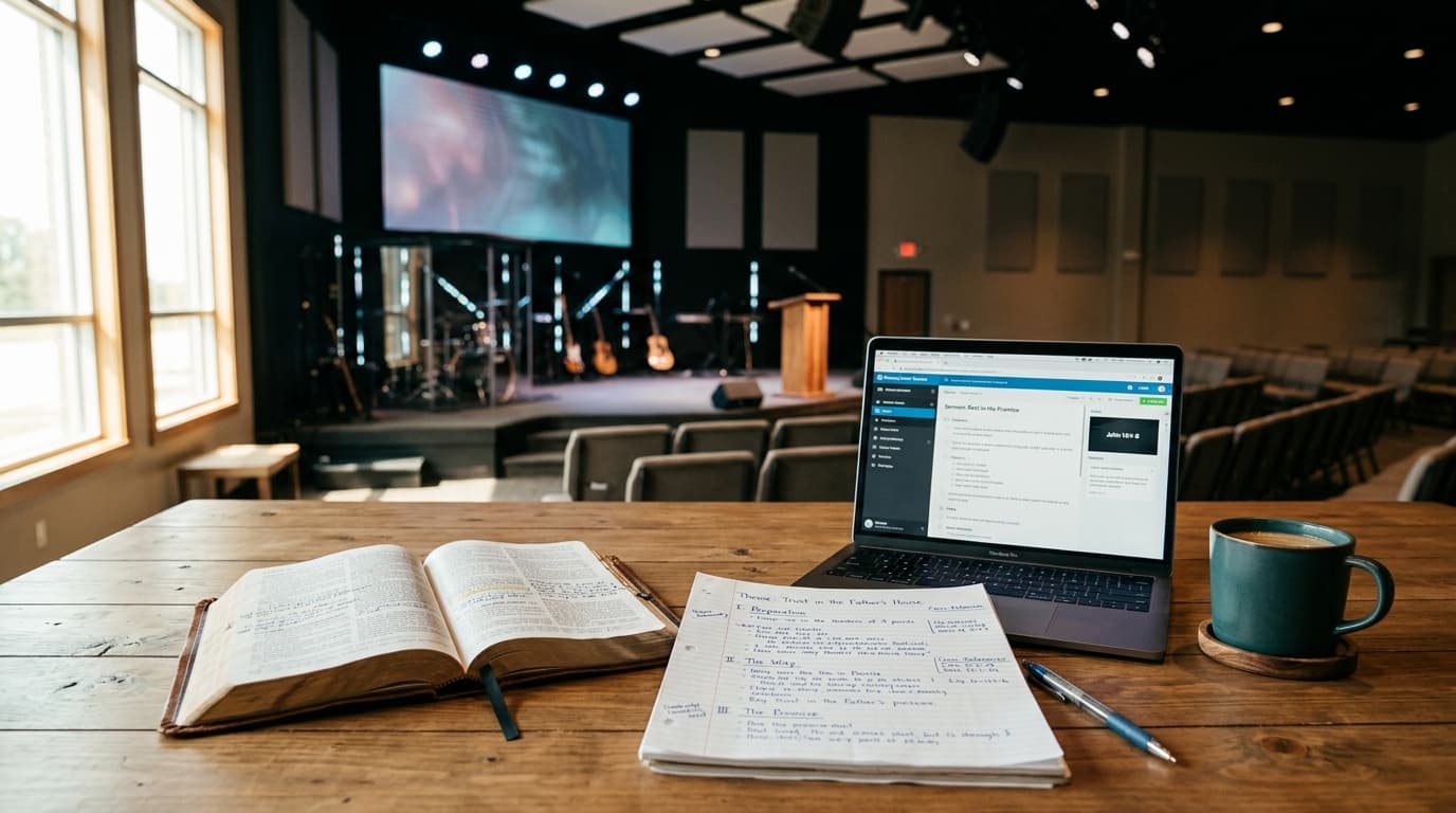 Modern sermon preparation workspace with open Bible, detailed notes, and laptop on wooden table with contemporary church stage blurred in background