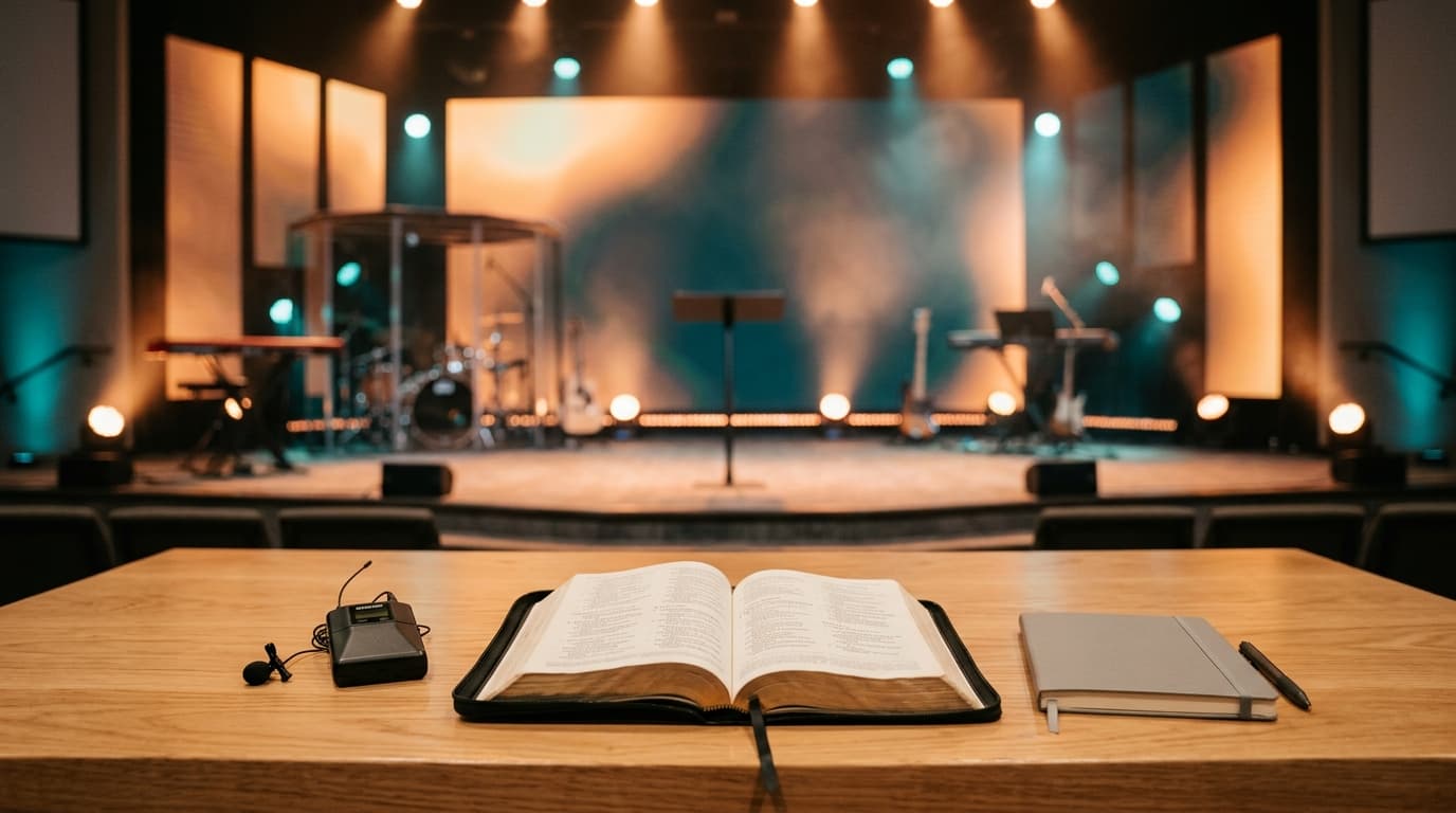 Modern church stage with open Bible and wireless microphone on wooden table, ambient stage lighting in background