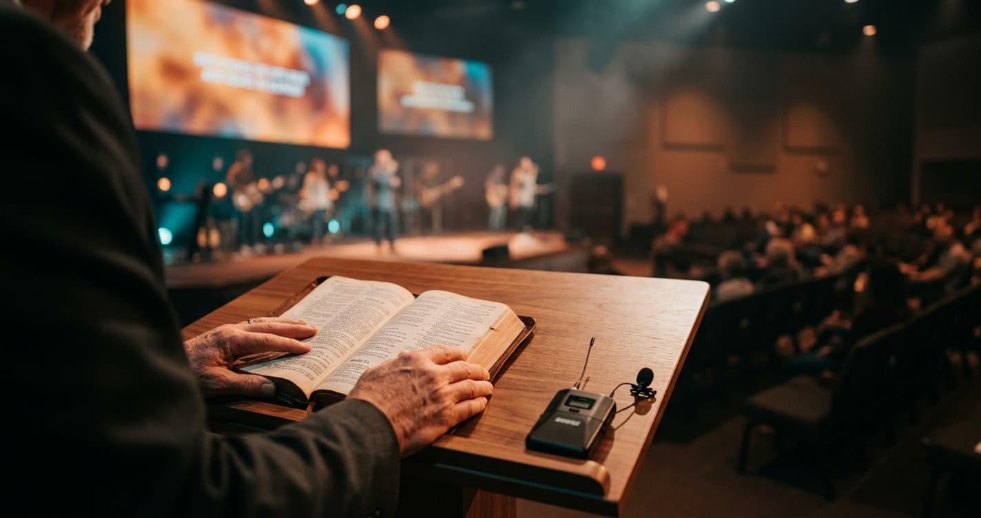 Pastor's hands holding open Bible on modern church stage with contemporary lighting and clean minimal aesthetic