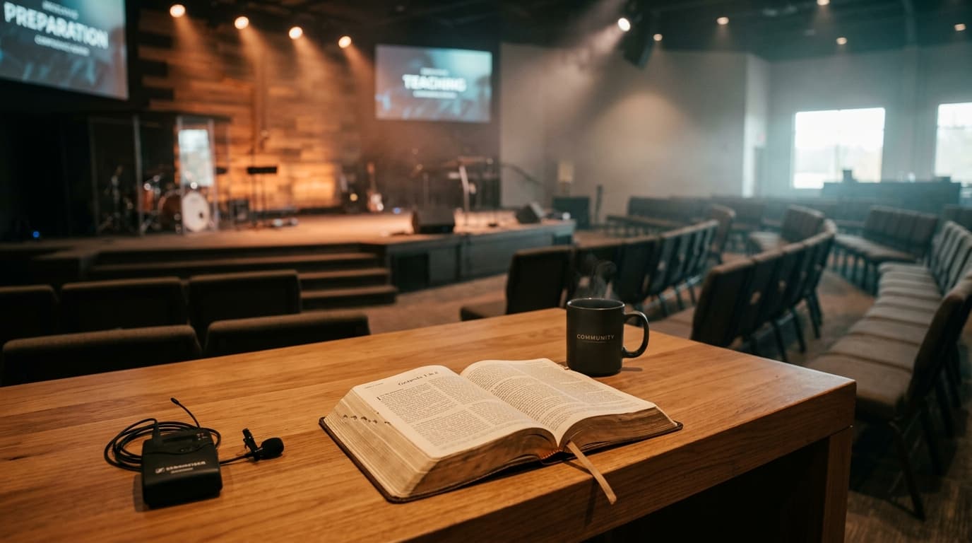 Modern church stage with warm lighting, open Bible and coffee on table, wireless microphone, suggesting sermon preparation and authentic teaching environment