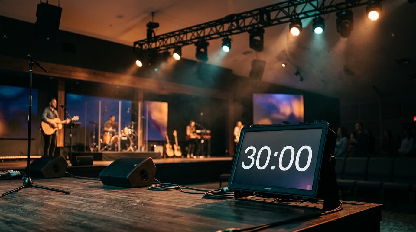 Modern church stage with sermon timer showing optimal preaching duration in contemporary worship environment