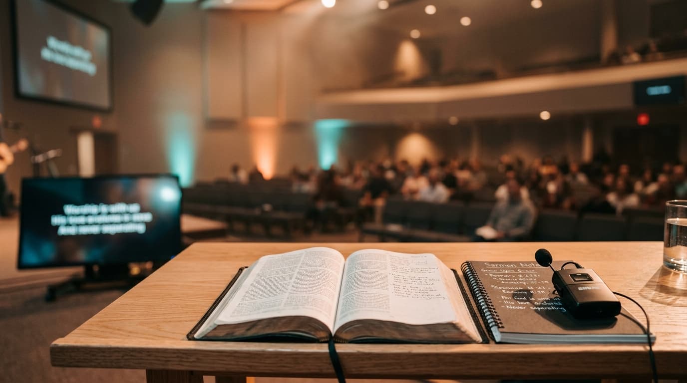Open Bible and sermon notes on modern church stage with warm lighting and contemporary worship environment