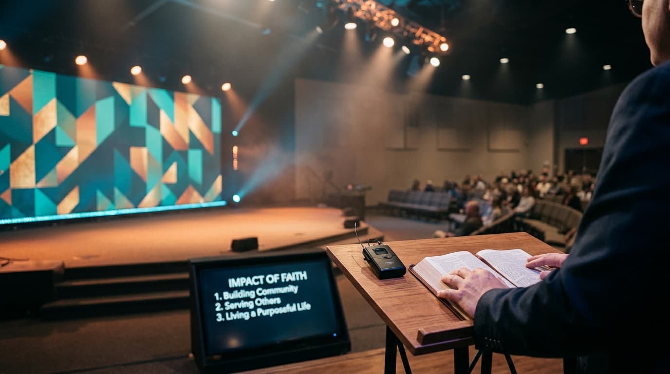 Modern church stage with warm lighting, open Bible on contemporary podium, and LED screen backdrop in a clean worship environment