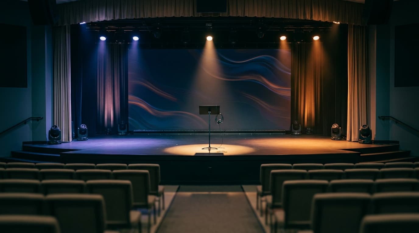 Modern church stage with distinct lighting zones showing strategic movement areas for effective preaching