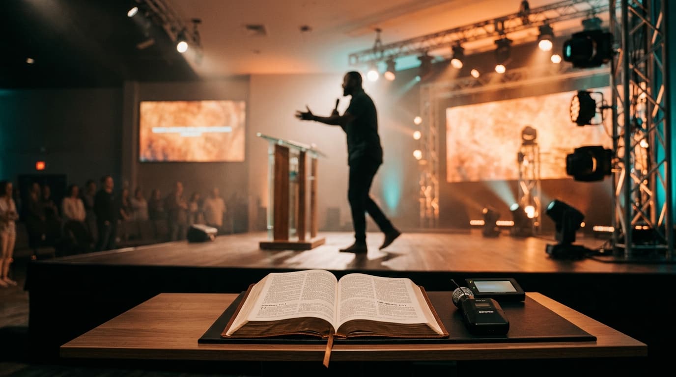 Modern church stage with warm lighting, open Bible, and silhouetted preacher gesturing with conviction