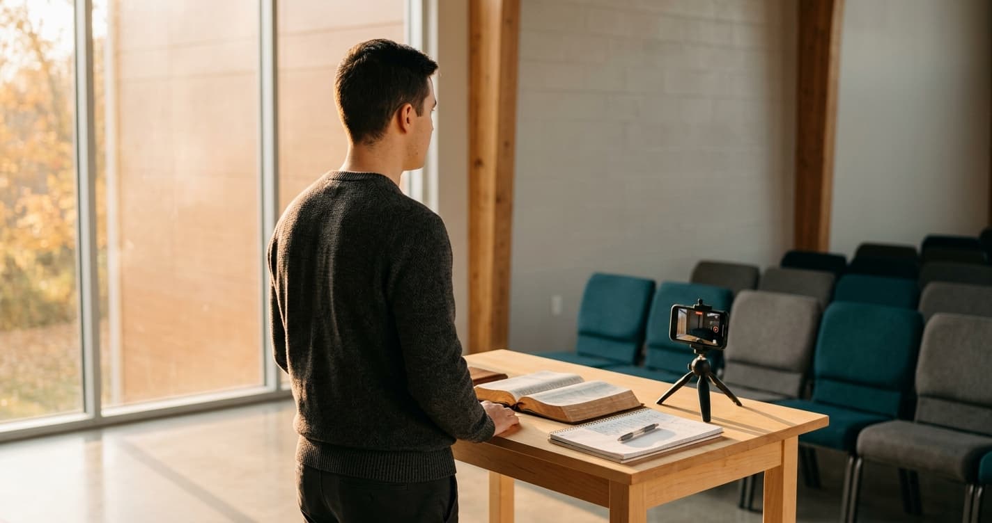 Seminary student practicing sermon delivery in modern chapel space with Bible and recording device