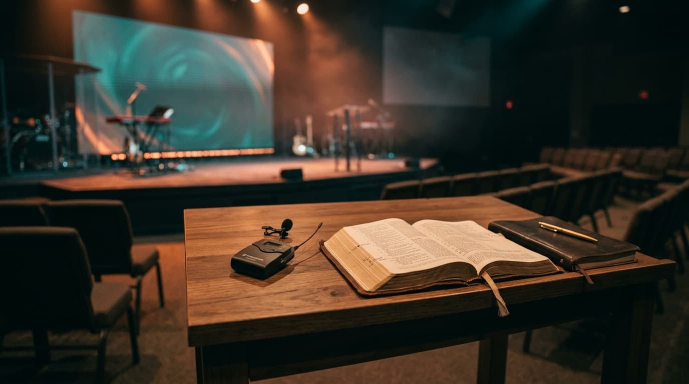Modern church stage with wireless microphone, open Bible, and journal on table with warm stage lighting