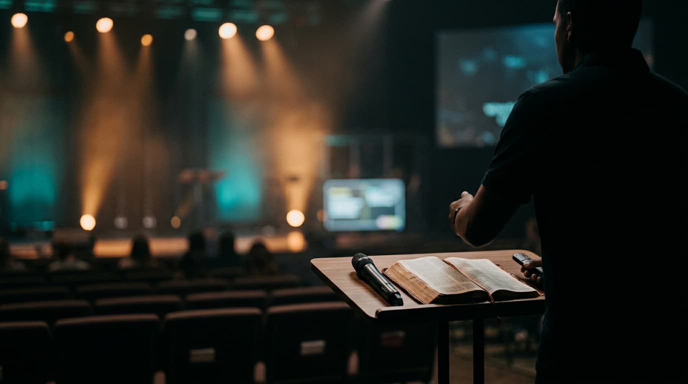 Modern church stage with open Bible and wireless microphone on contemporary desk, warm stage lighting creating atmospheric setting for sermon delivery