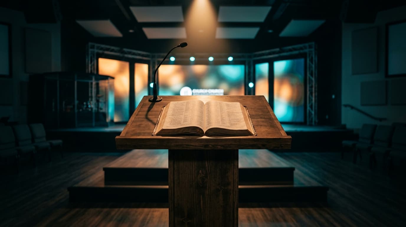 Modern church stage with spotlight on open Bible, symbolizing the weight of preaching difficult topics with biblical authority