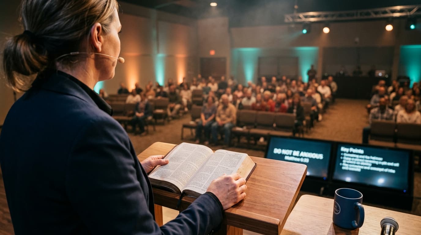 Pastor's hands holding open Bible on modern church podium with stage lighting and sermon notes visible on confidence monitor