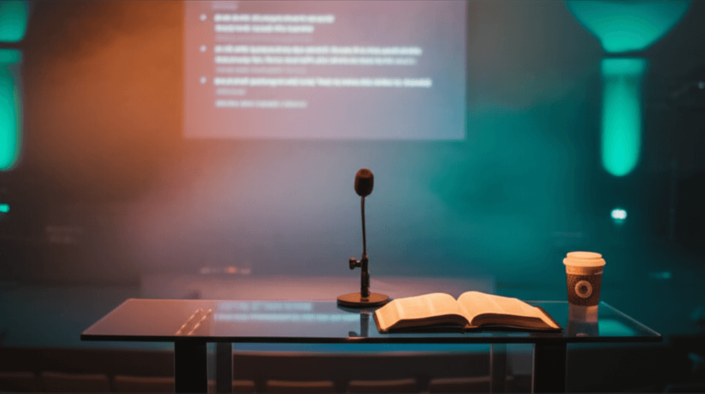Modern church stage with LED screen, confidence monitor, wireless microphone, and open Bible on contemporary desk with warm stage lighting