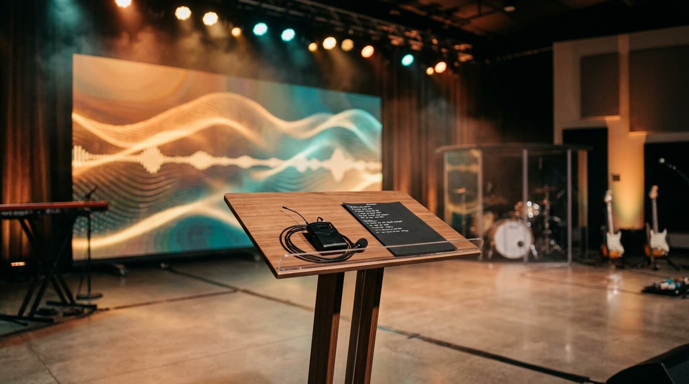 Modern church stage with LED screen and stage lighting showing rhythm concept for preaching