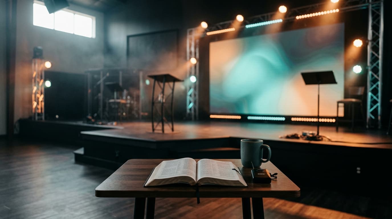 Modern church stage with ambient lighting, open Bible and microphone on table, representing sermon delivery preparation