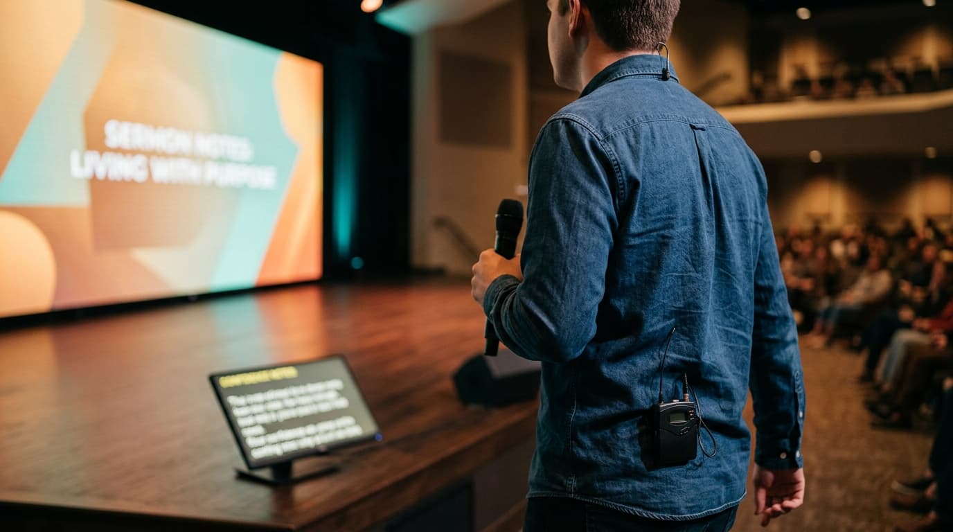 Modern church stage with LED screen and wireless microphone, representing contemporary preaching to younger generations