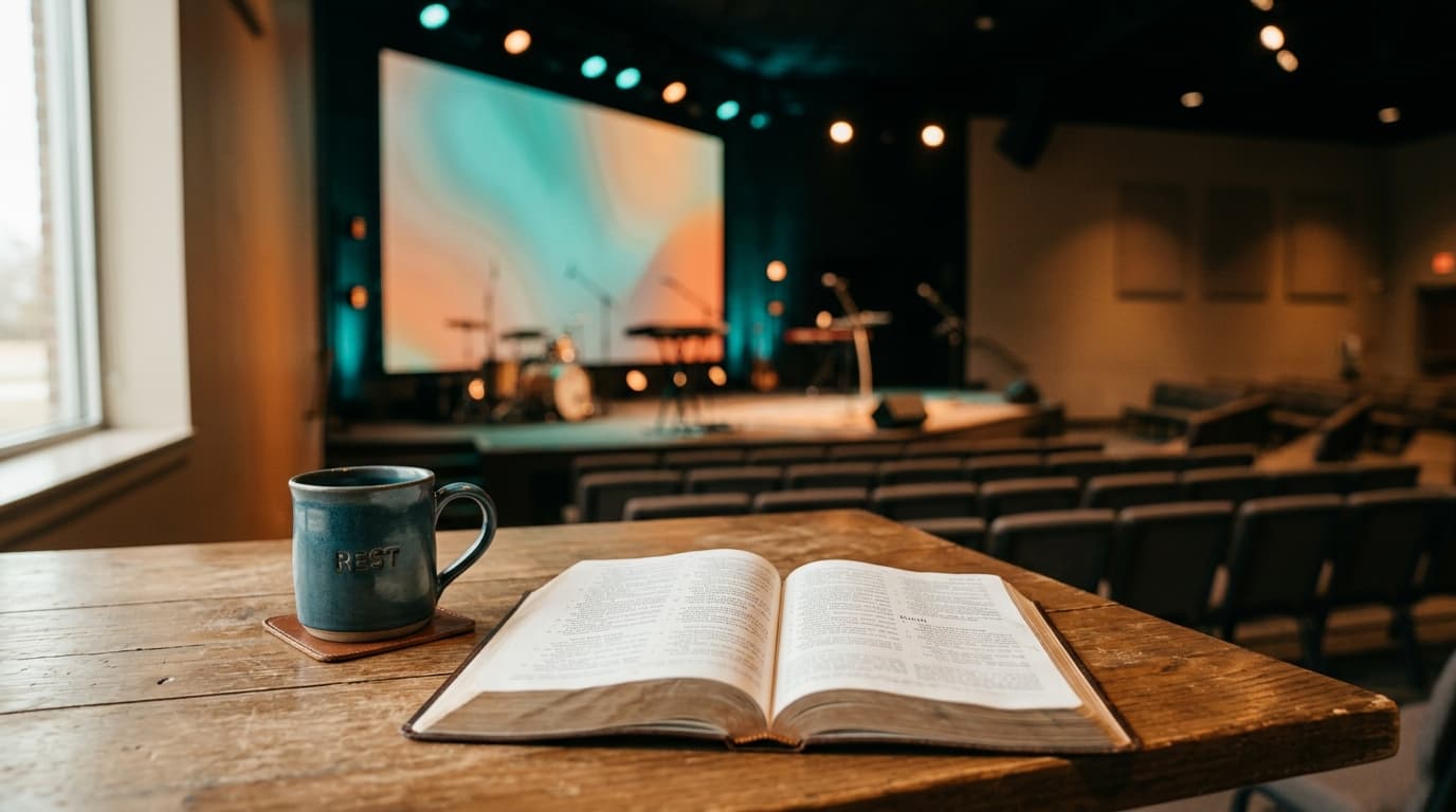 Open Bible and coffee on modern church table with stage lighting in background