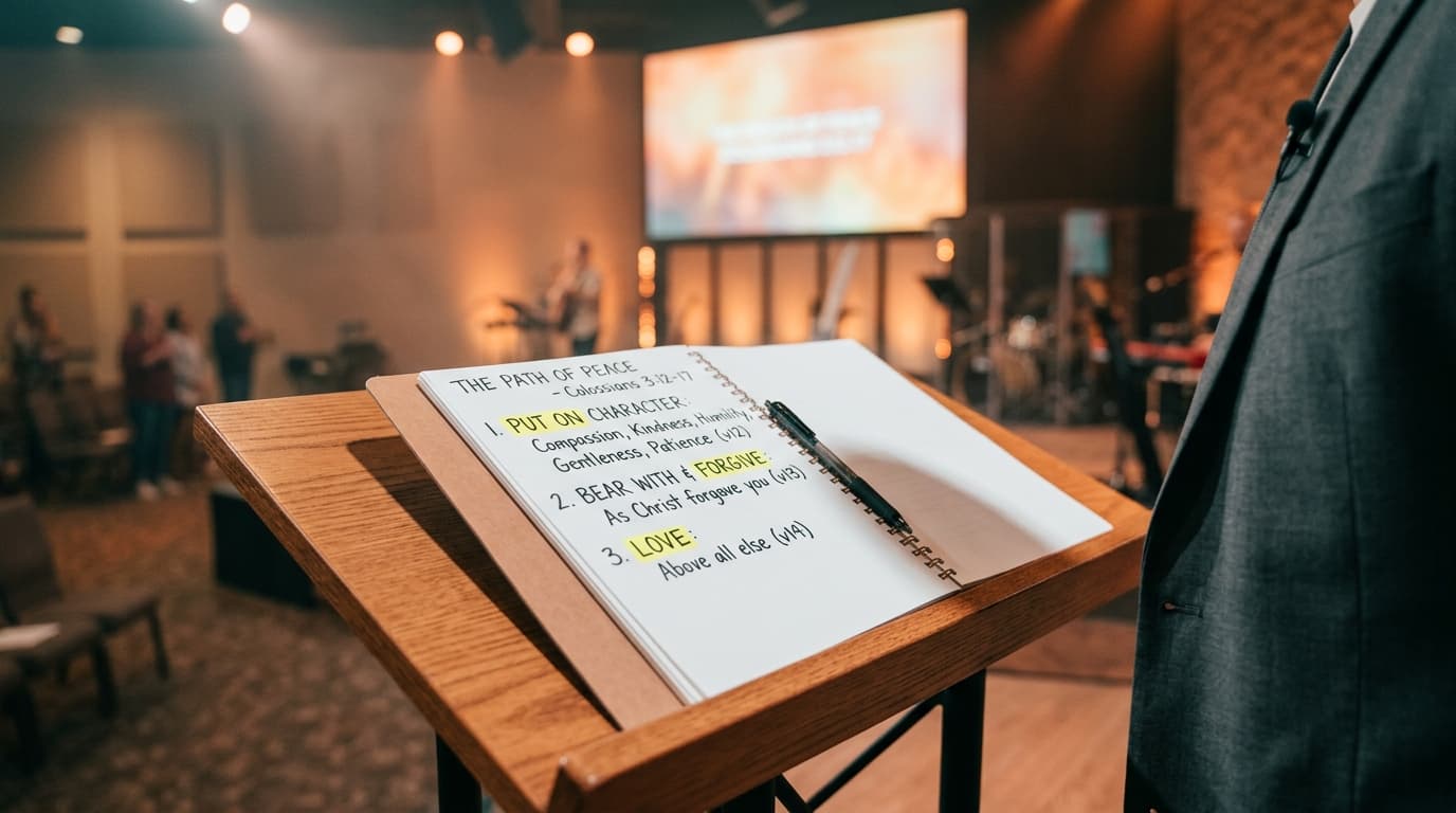 Modern church pulpit with sermon manuscript on angled stand under warm stage lighting, representing prepared preaching in contemporary worship environment