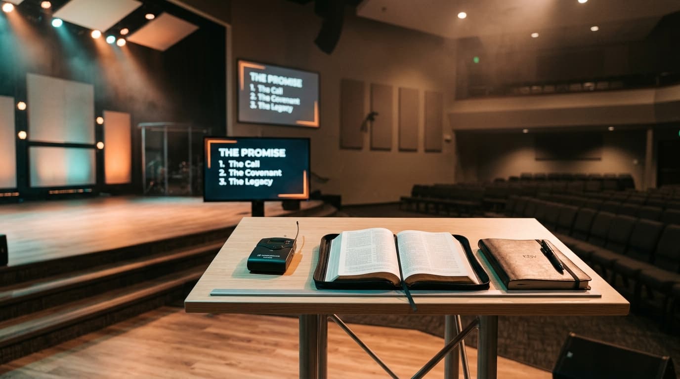 Modern church stage setup with open Bible, journal, and wireless microphone on table, LED screen showing sermon outline in background, warm stage lighting creating professional teaching environment