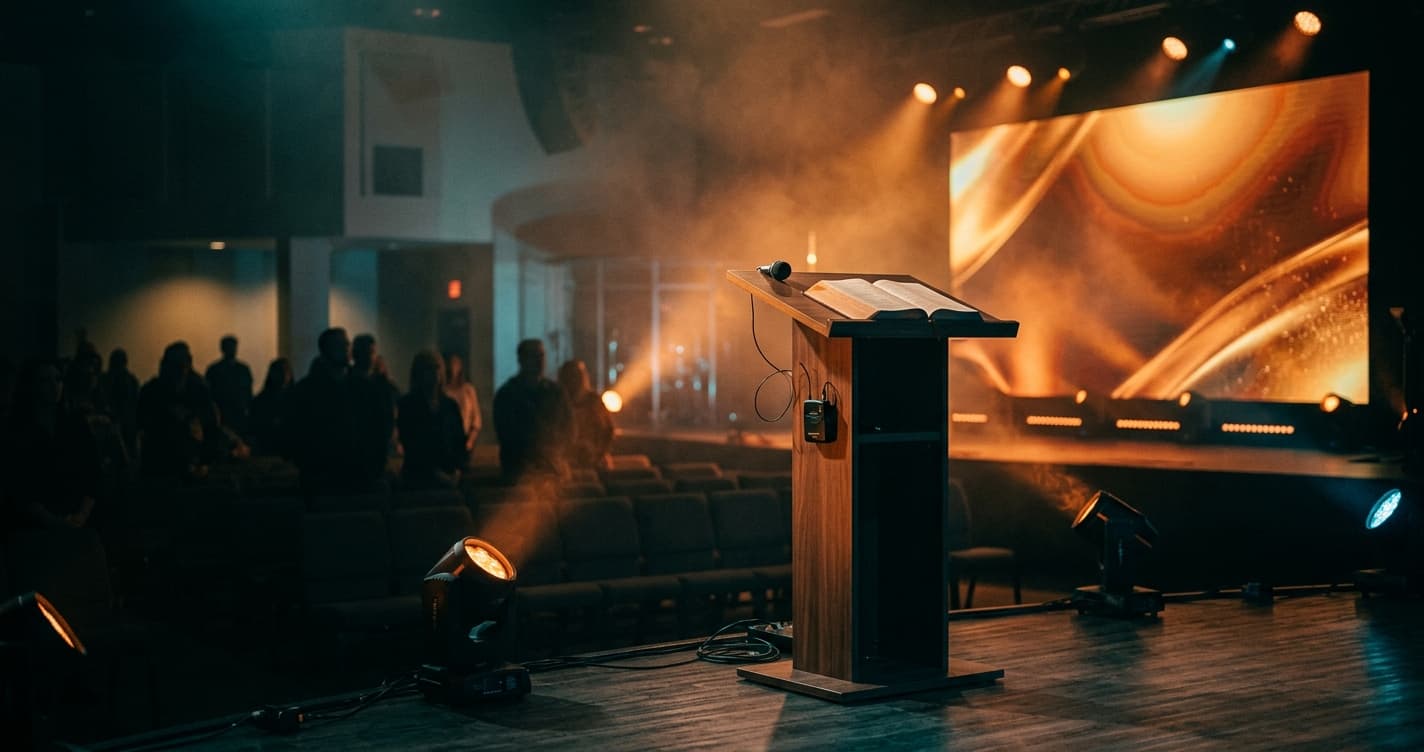 Modern church stage with dramatic lighting and open Bible on contemporary pulpit, representing prophetic preaching in a contemporary worship setting