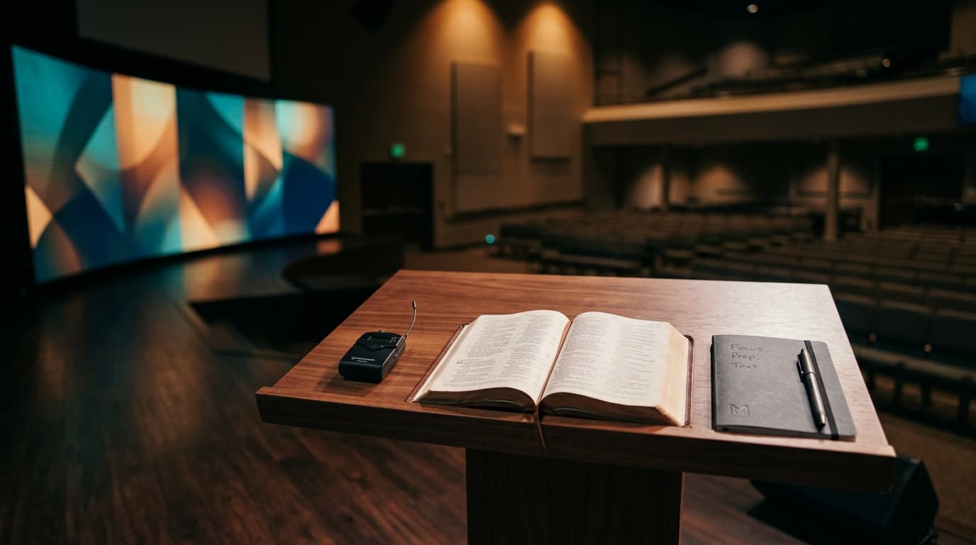 Modern church stage with wireless microphone, open Bible, and notebook on wooden podium under warm stage lighting