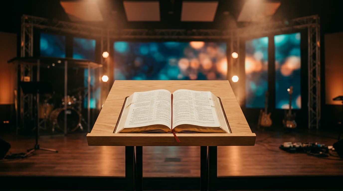 Open Bible on modern church stage with warm lighting and contemporary worship environment