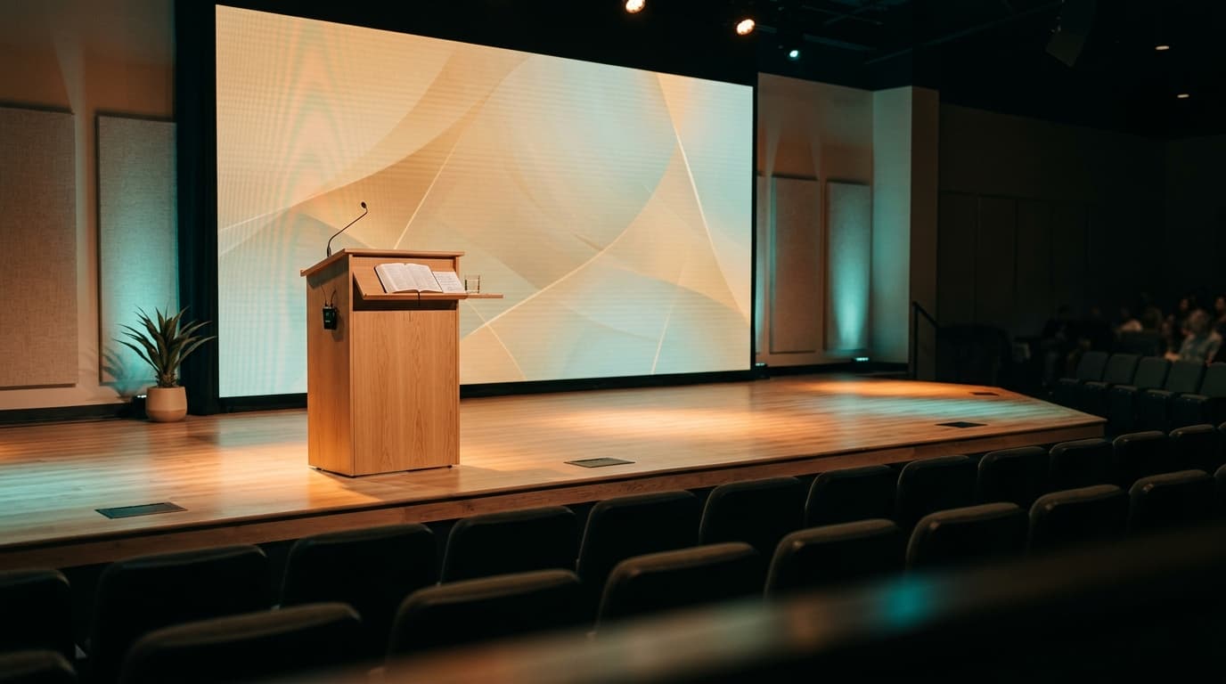 Modern church stage with contemporary podium, LED screen, and professional lighting setup representing seminary preaching practice transitioning to real pulpit ministry