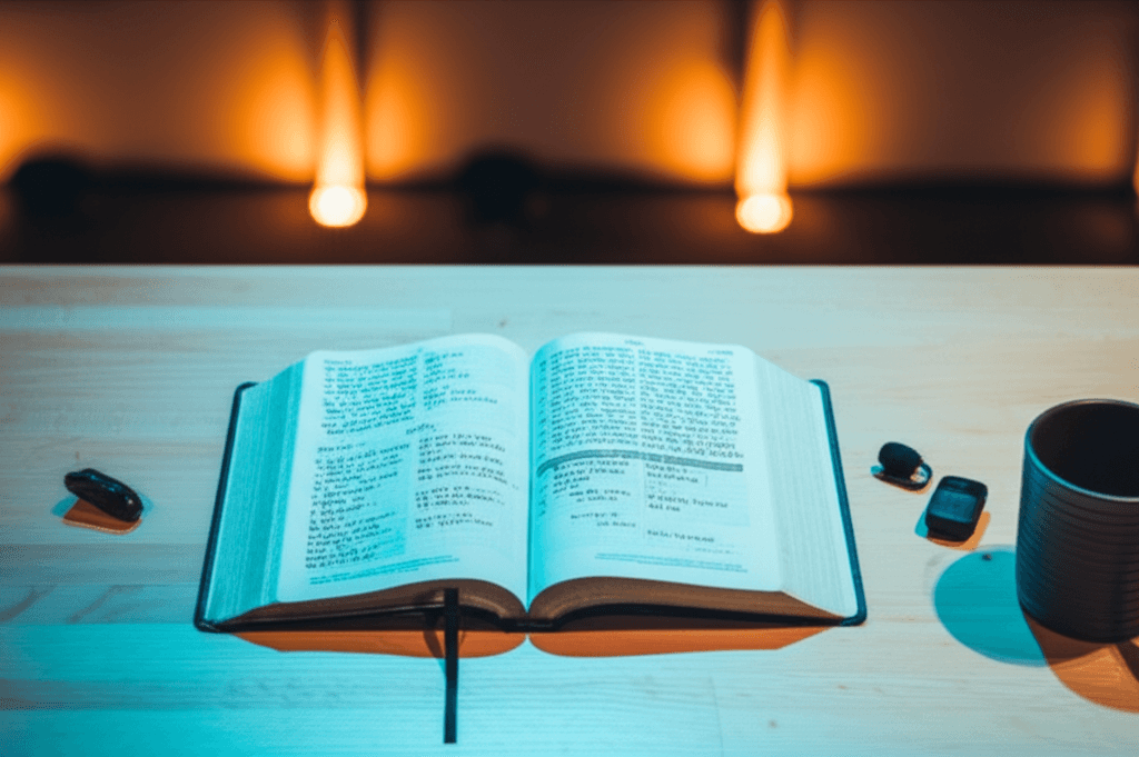 Open Bible and sermon notes on modern church desk with warm stage lighting, representing practical sermon application preparation