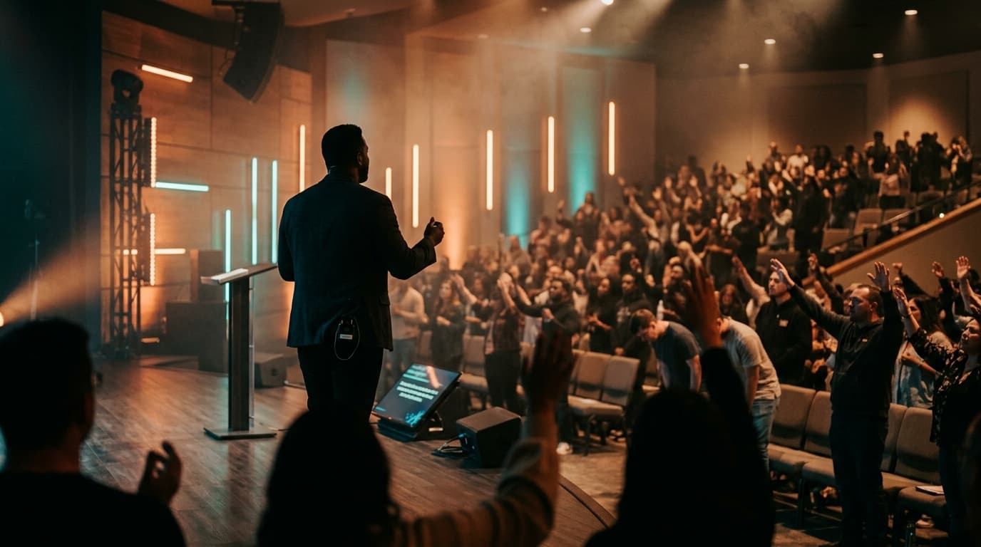 Modern church speaker engaging congregation with interactive preaching from contemporary stage with atmospheric lighting