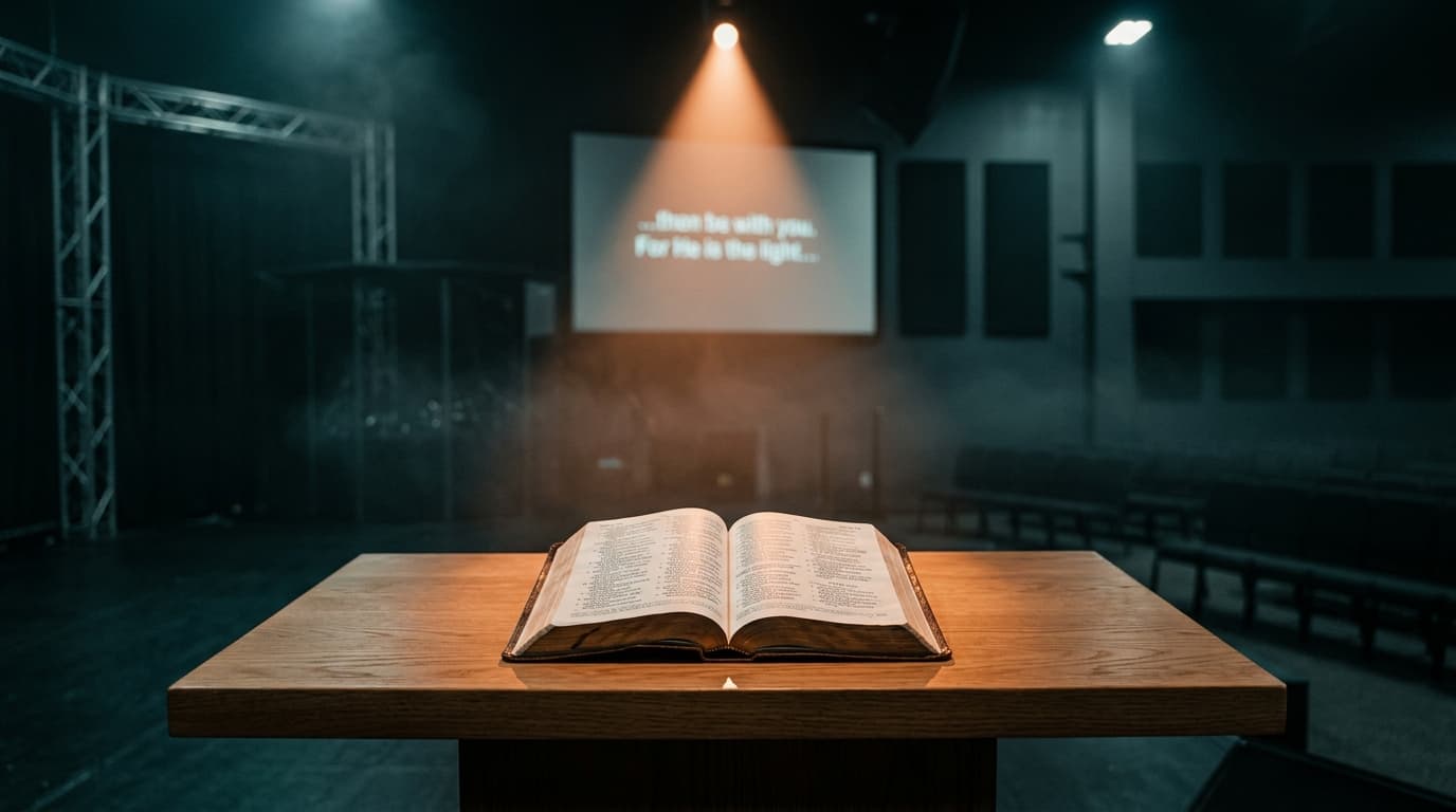 Illuminated open Bible on modern church stage with dramatic lighting and confidence monitor