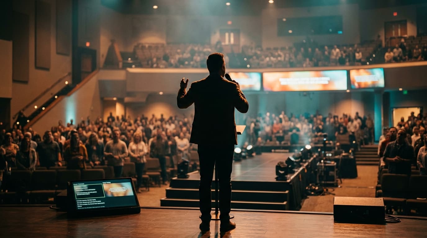 Contemporary church stage with pastor silhouette addressing congregation, warm stage lighting and modern LED screens visible