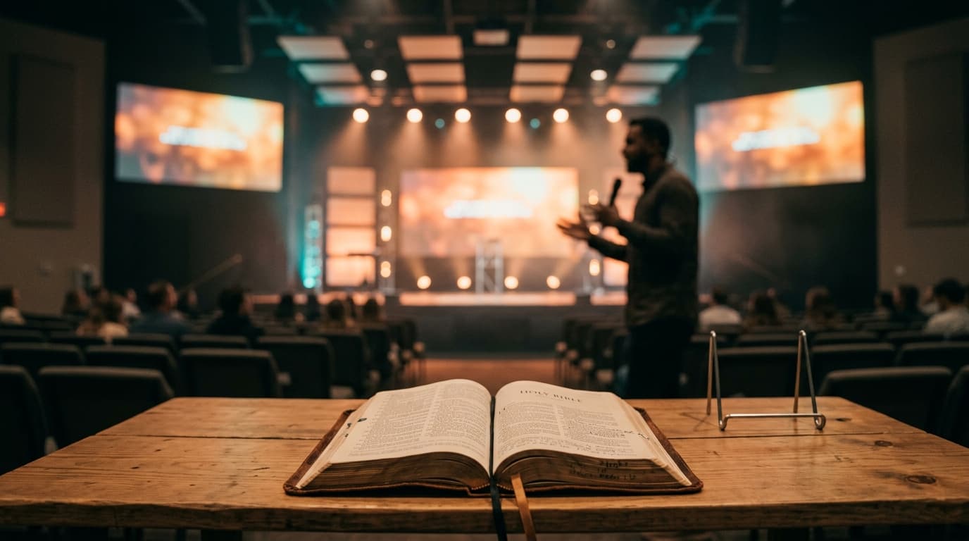 Modern church stage with open Bible and contemporary lighting, representing sermon delivery research and preaching effectiveness