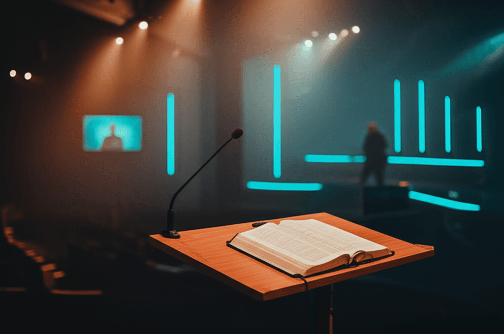 Modern church stage with contemporary lighting and LED screens, featuring an open Bible on a wooden lectern in the foreground with a pastor's silhouette visible on stage in atmospheric amber lighting
