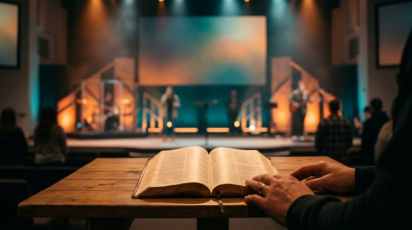 Open Bible on modern church stage with dramatic lighting and contemporary worship environment
