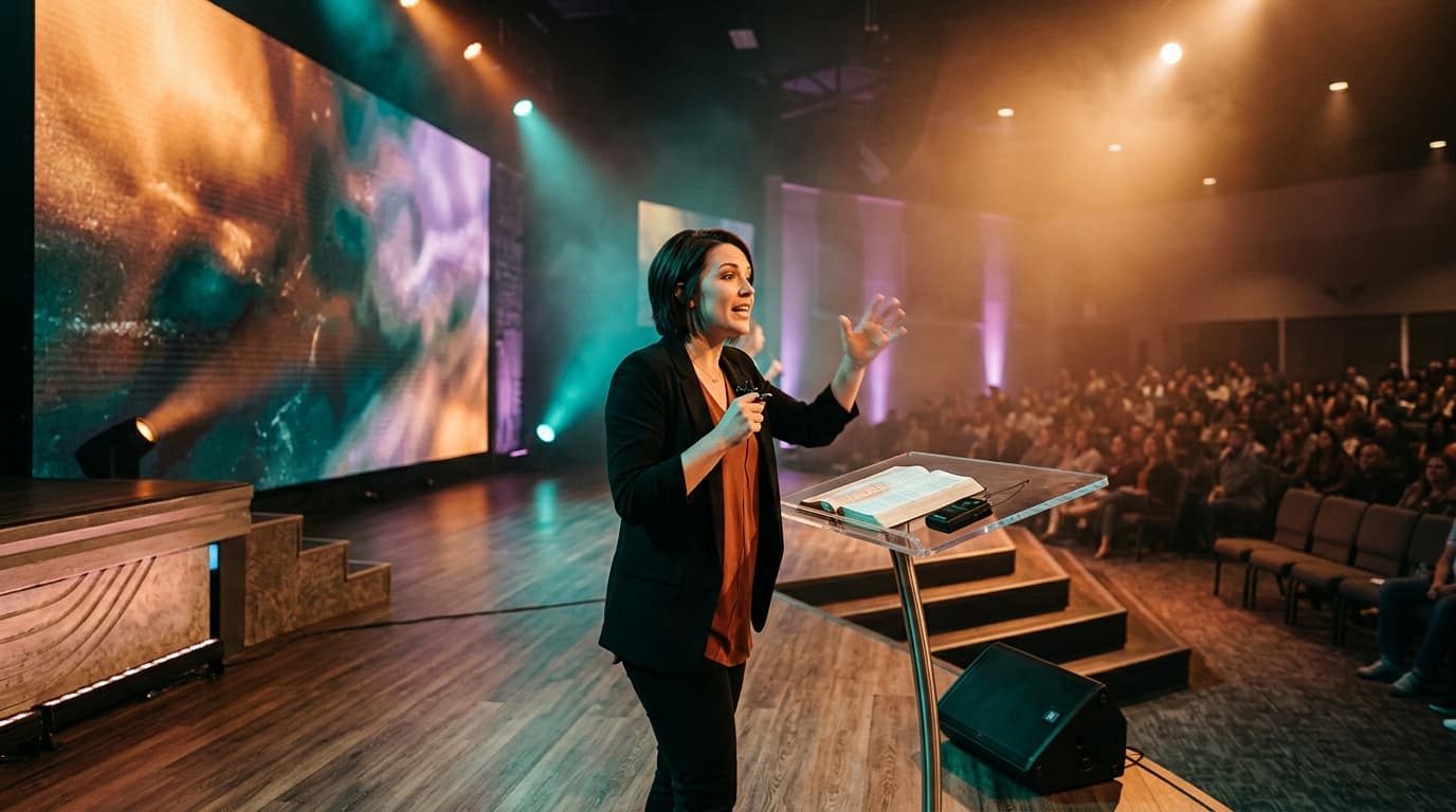 Modern church stage with professional lighting, wireless microphone, and contemporary worship environment representing dynamic sermon delivery and preaching energy