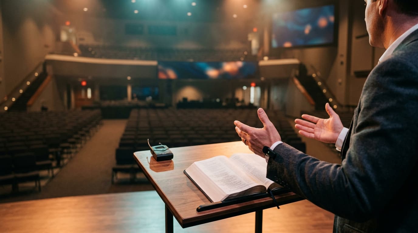 Open palm gesture on modern church stage with Bible and ambient lighting, representing effective sermon delivery and nonverbal communication