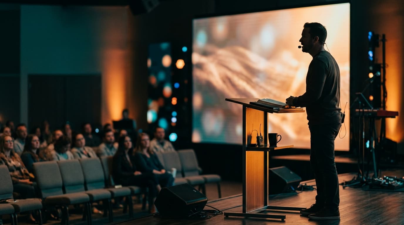 Modern church stage with pastor's workspace showing open Bible and notebook under warm stage lighting with contemporary LED screen in background