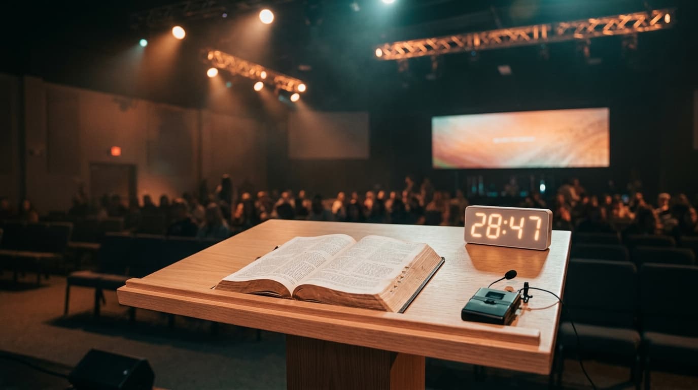 Modern church stage with open Bible and timer display showing sermon duration, symbolizing the balance between sermon length and effectiveness