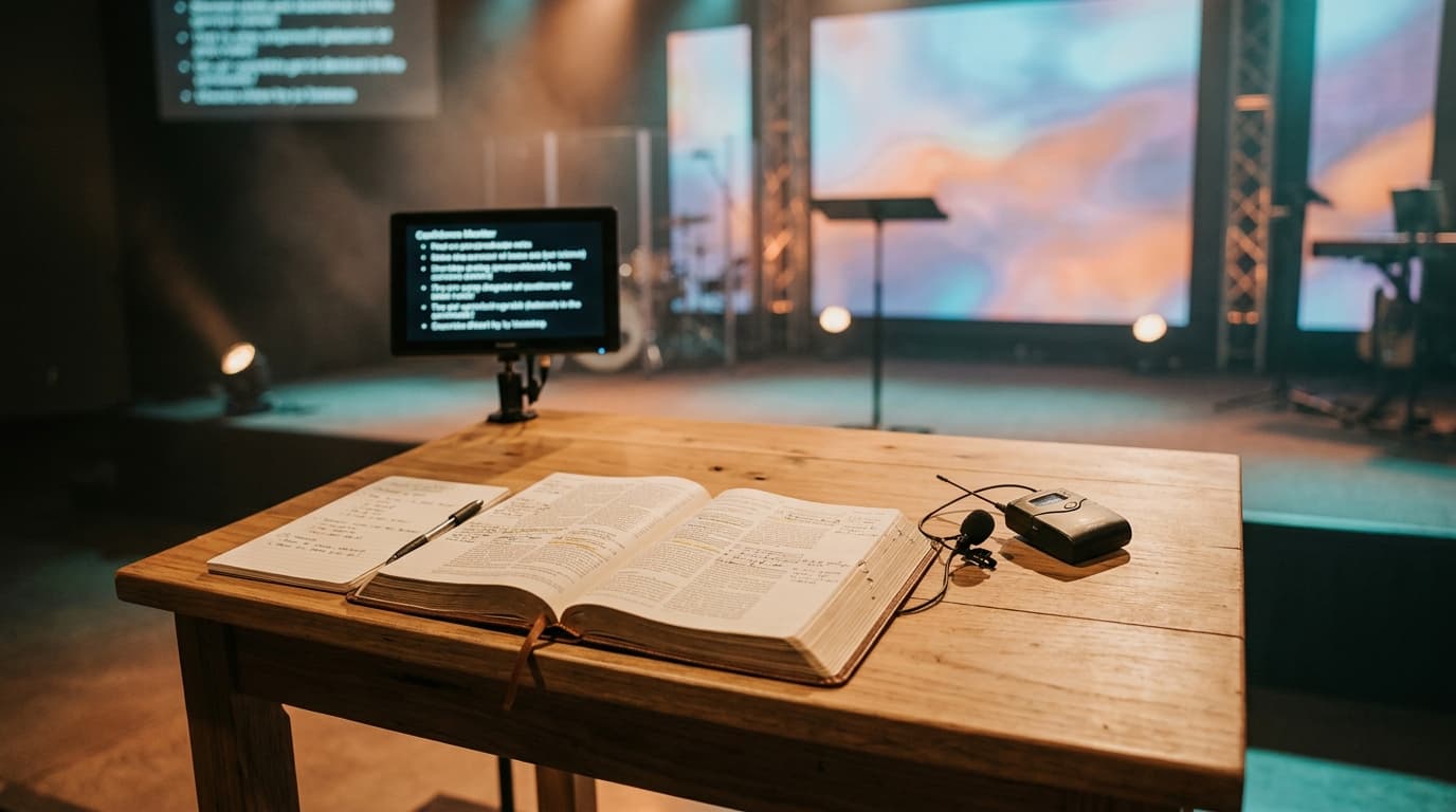 Open Bible with sermon notes on modern church stage table with warm lighting and confidence monitor