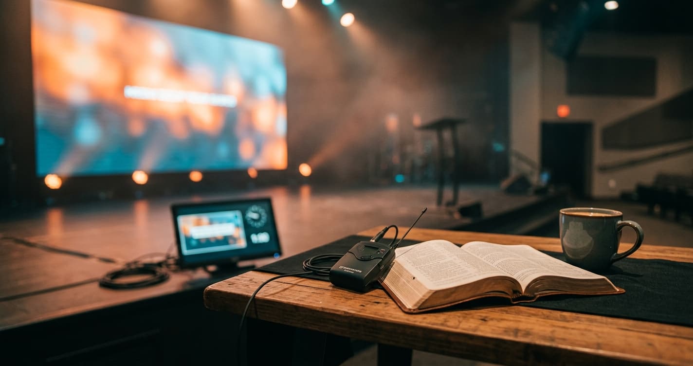 Modern church stage setup with wireless microphone, open Bible, and coffee cup under warm stage lighting, representing sermon preparation and delivery