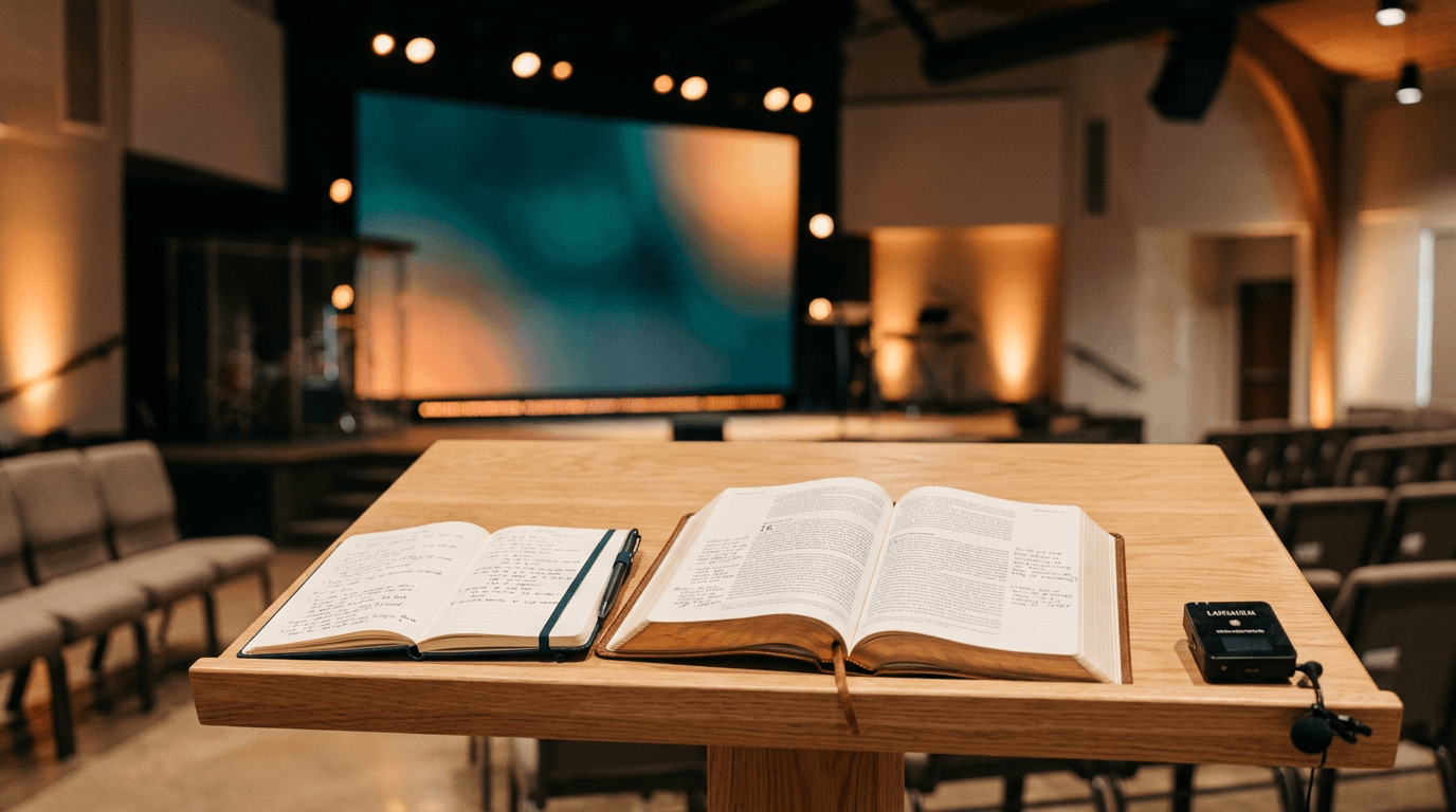 Open Bible and sermon notes on modern church stage table with soft stage lighting, representing sermon preparation methods