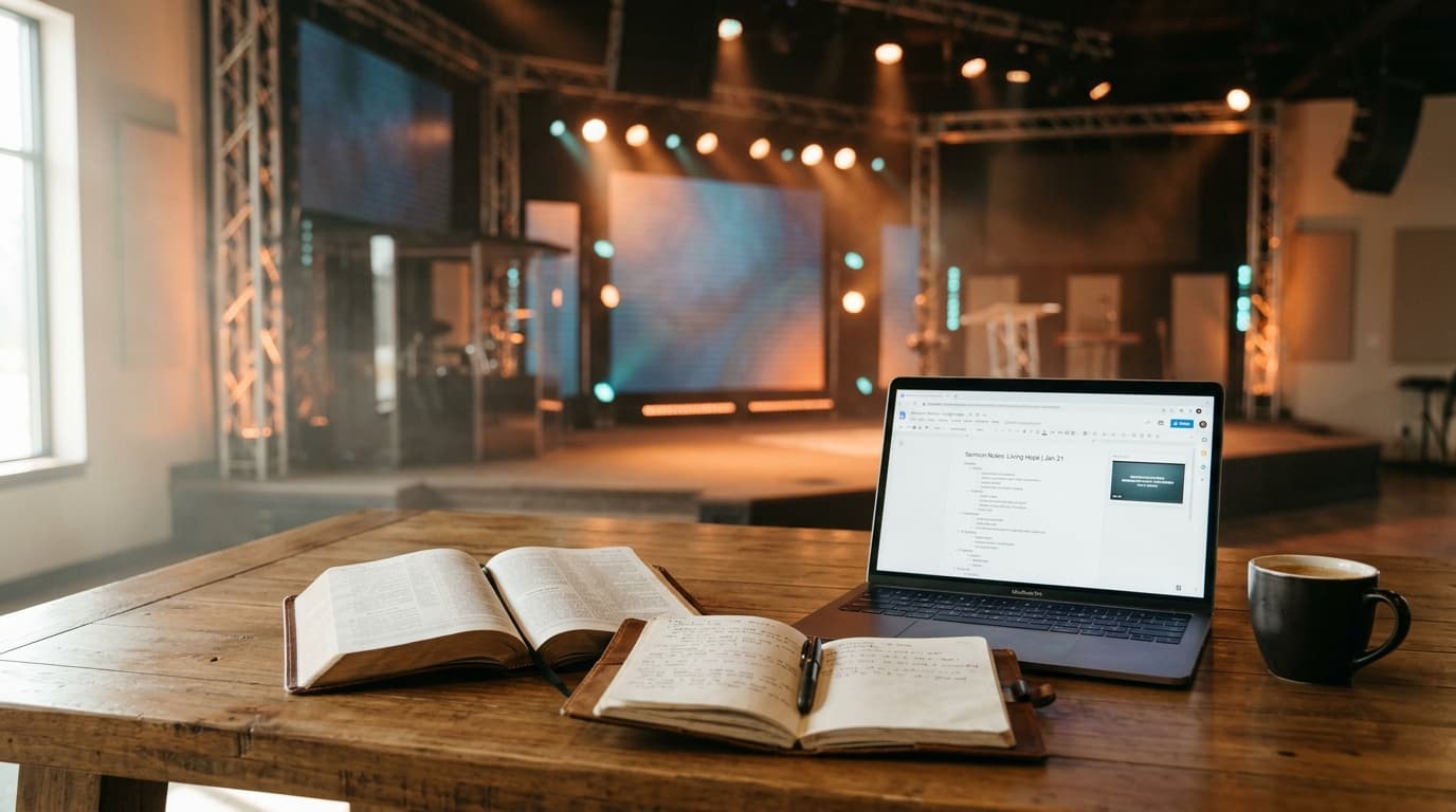 Modern church stage with sermon preparation materials including open Bible, journal, and laptop on wooden desk with warm stage lighting in background