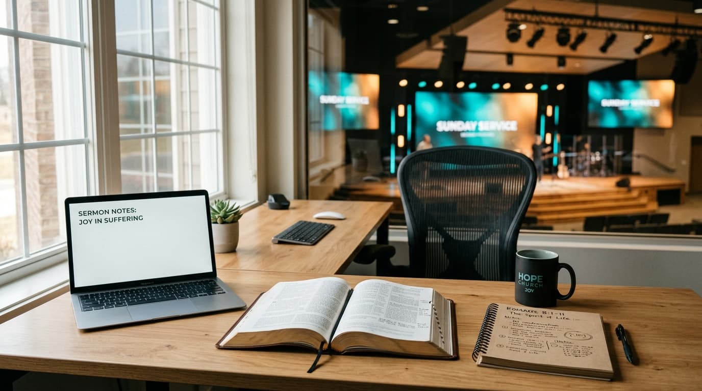 Modern church office workspace with open Bible and laptop showing sermon preparation in progress