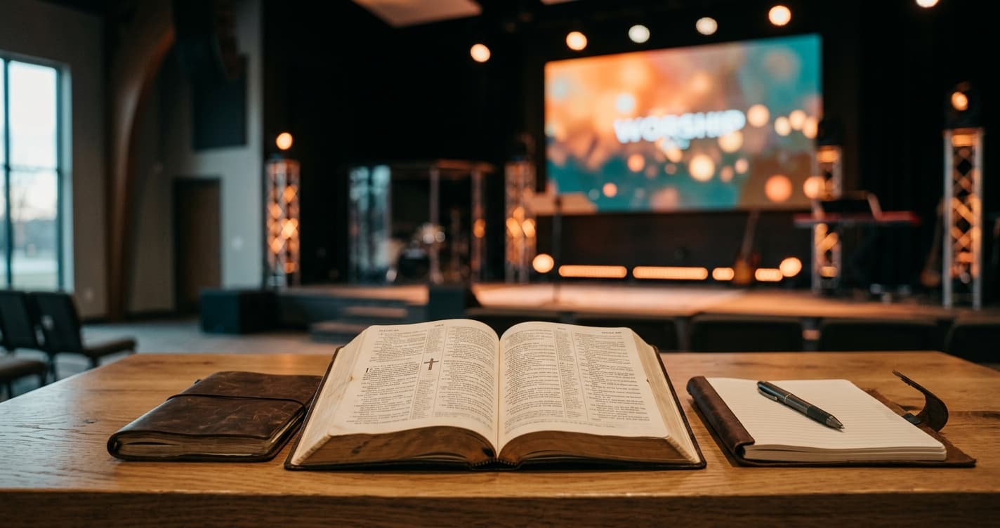 Open Bible and notebook on modern church stage table with warm lighting and LED screen in background
