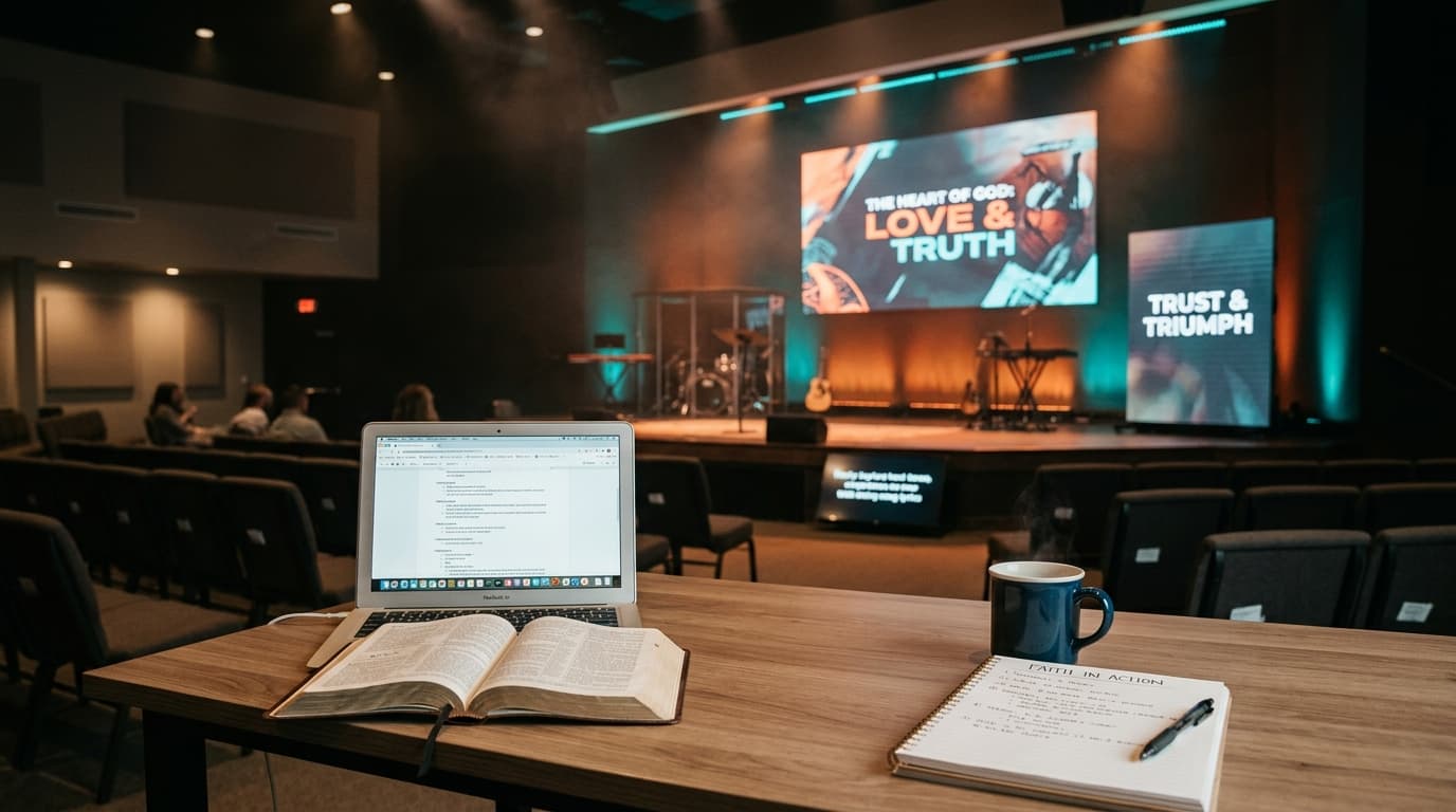 Modern church stage with LED screens and contemporary lighting, showing sermon planning materials on table in foreground