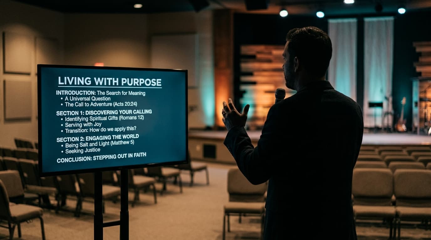 Modern church stage with sermon outline displayed on confidence monitor, showing clear message structure and transition points